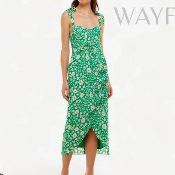Wayf Malibu Faux Wrap Green Floral Midi Dress - Picture 1 of 4